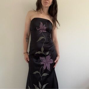 Vintage Y2K 90s XOXO black formal strapless gown with floral detail and corset.